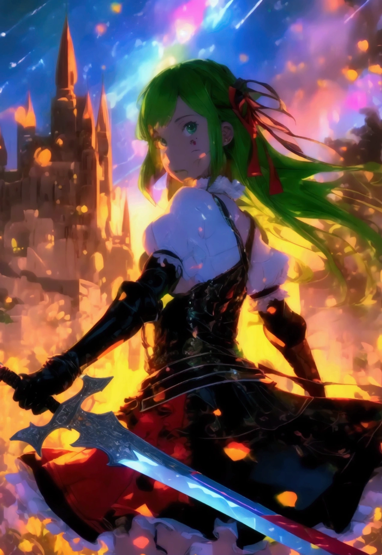nsfw, masterpiece, best quality, ultra detailed, colorful ,, a girl, swordsman, a long sword in hand, covered in wounds, {bloodstained}, {bandages}, gothic Lolita fashion , twin-tailed green and black hair, {tattered clothes}, medieval European battlefield, running, in battle, sprint, with a castle, surrounded by stars and a meteor shower, at night ,afterimage, full body, symmetrical structure of top and bottom