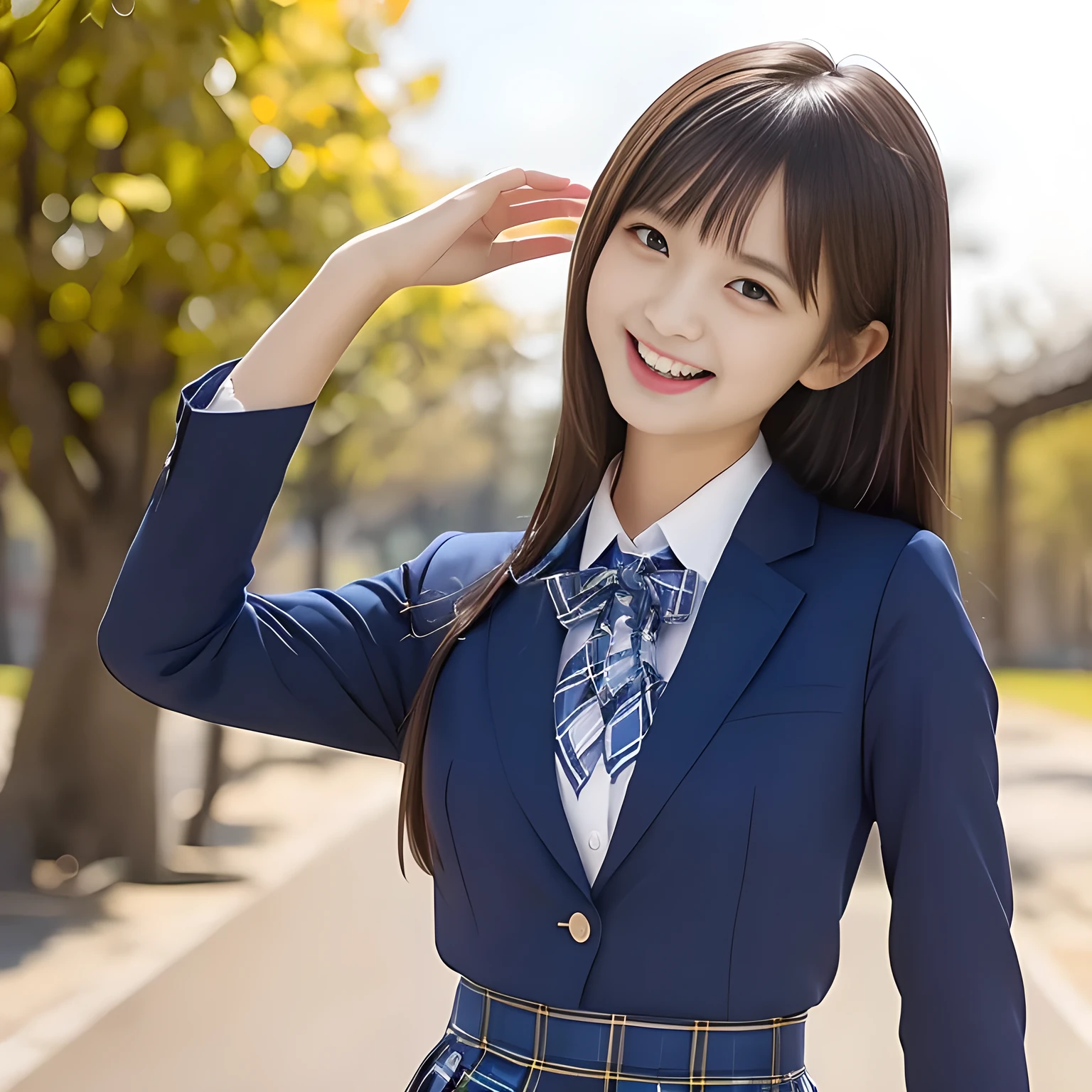 (Highest quality, masterpiece:1.2), Highest quality, High resolution, 1080P, 8k, height: 158cm, ((A noble, graceful and intelligent girl who looks like a best proportion Japanese young lady is turning around and giggling in a strong wind)), ((So sweet, very noble, neat, and pretty Japanese beautiful cute girl)), ((A real, very girly, sweet, cute and noble girl)), ((((A beautiful Japanese cute fashion model)))), ((((Very pure white face and limbs)))), Glossy Lips, (Evenly cut bangs), ((Very beautiful, droopy, cute, pure, noble brown eyes)), ((Super long, black straight hair that reaches the floor)), (Very shiny, glossy Lips), ((Beautiful straight hair like a school promotion model)), Watch at you, ((Incredibly well organized, Rich facial expressions)), ((Plump and beautiful white skin and face)), ((Pure, clear, gentle brown eyes)), ((staring at me)), Glossy Lips, ((noble and elegant)), Very beautiful blue skirt, ((Large upward-curving lips)), White Hand, ((((Navy Japanese school blazer with noble golden emblem)))), ((Navy and sapphire blue Japanese school uniform)), ((Tartan check pattern pleated long skirt)), ((Cobalt blue string chest ribbon)), ((((An ecstatic expression of boundless joy)))), ((plain white background)), ((perfect body)), (((hair beauty magazine for young girls)))