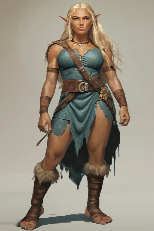 An illustrated movie poster, hand-drawn, full color, a teenage elven girl, wearing a ratty tunic, sun-tanned complexion, very tall, athletic body, hourglass figure, curvy, slightly chubby, bottom-heavy, generous hips, massive bubble-butt, long legs, ridiculously thick powerful thighs, amber brown eyes, long pointy elf ears, platinum blonde hair, long loose waves, posing on a pedestal, wet glistening skin, hard shadows, graphite shading, stencil marks, airbrushed acrylic paint, masterpiece, in the style of Conan the Barbarian