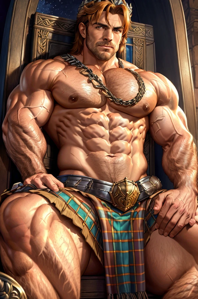 (a scottish king , muscular pectorals, and biceps, sitting on a throne, wearing a big crown, and flexing his bicep), oil painting, realistic, highres, portrait, vivid colors, warm tones, soft lighting