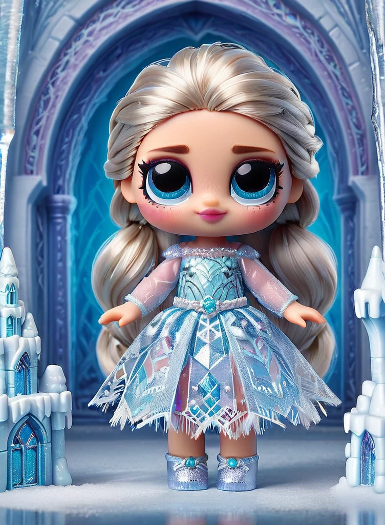 Elsa from Frozen as a doll, ais-lolz, in a detailed ice castle 