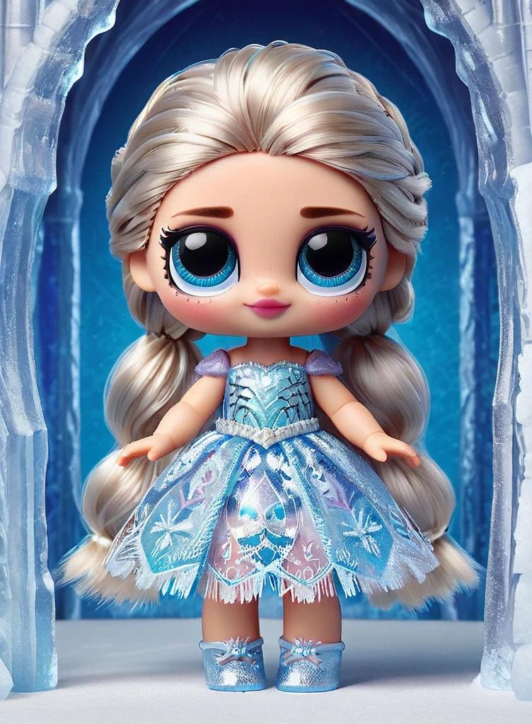 Elsa from Frozen as a doll, ais-lolz, in a detailed ice castle 