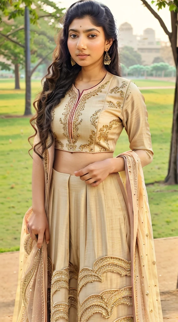 a beautiful Indian lady, 22 year, attractive, pretty, good looking, excellent , superb , wearing Indian gorment school- college salwar kameez uniform, big chest earrings, arched back, sunlight, public park background, 92k, intricately detailed, UHD,