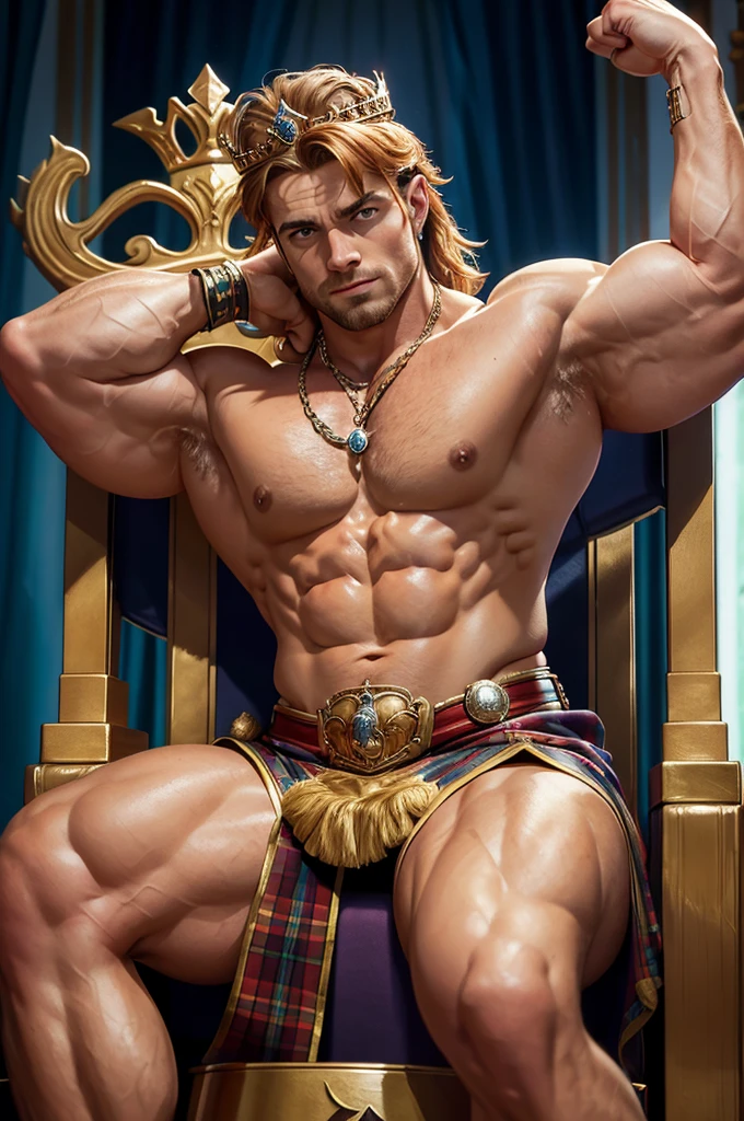 (a scottish king , muscular pectorals, and biceps, sitting on a throne, wearing a big crown, and flexing his bicep), oil painting, realistic, highres, portrait, vivid colors, warm tones, soft lighting