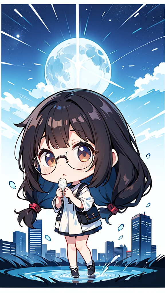 Seven-doppelganger shot,Anime style 4K,High quality anime art style,Standing painting,Splash ink background,Blue Themes、Pure white background,Buildings,Face close-up,Buildings,Moon and sun、Shining Star々,milky way,Bright Sky,Looking at me,Facing forward,Clear eyes and nose,cute,beautiful,Thin legs,black hair, brown eyes, girl, bob, front, whole body,cute,Eat rice balls,Black Hair,Brown Hair,Glasses,Long Hair,Loose and fluffy perm