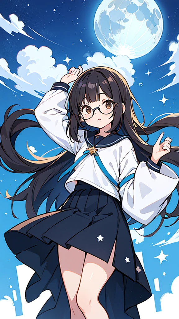 Seven-doppelganger shot,Anime style 4K,High quality anime art style,Standing painting,Splash ink background,Blue Themes、Pure white background,Buildings,Face close-up,Buildings,Moon and sun、Shining Star々,milky way,Bright Sky,Looking at me,Facing forward,Clear eyes and nose,cute,beautiful,Thin legs,black hair, brown eyes, girl, bob, front, whole body,cute,Eat rice balls,Black Hair,Brown Hair,Glasses,Long Hair,Loose and fluffy perm
