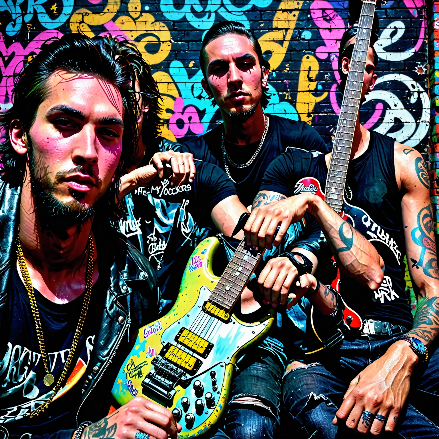 Two rockers sitting side by side, both depicted as silhouettes with no visible facial features. Both have muscular male bodies and are captured in relaxed, yet confident poses. They are seated on a worn-out, vintage sofa in a grungy urban environment. Surrounding them are scattered musical instruments like a guitar and a drum set, with neon lights casting a moody glow over the scene. The background features graffiti-covered walls and old concert posters, adding to the gritty, rock-and-roll vibe. The lighting is atmospheric, with a mix of shadows and vibrant neon colors. The scene is highly detailed and photorealistic, with an 8k resolution and an award-winning digital art style.