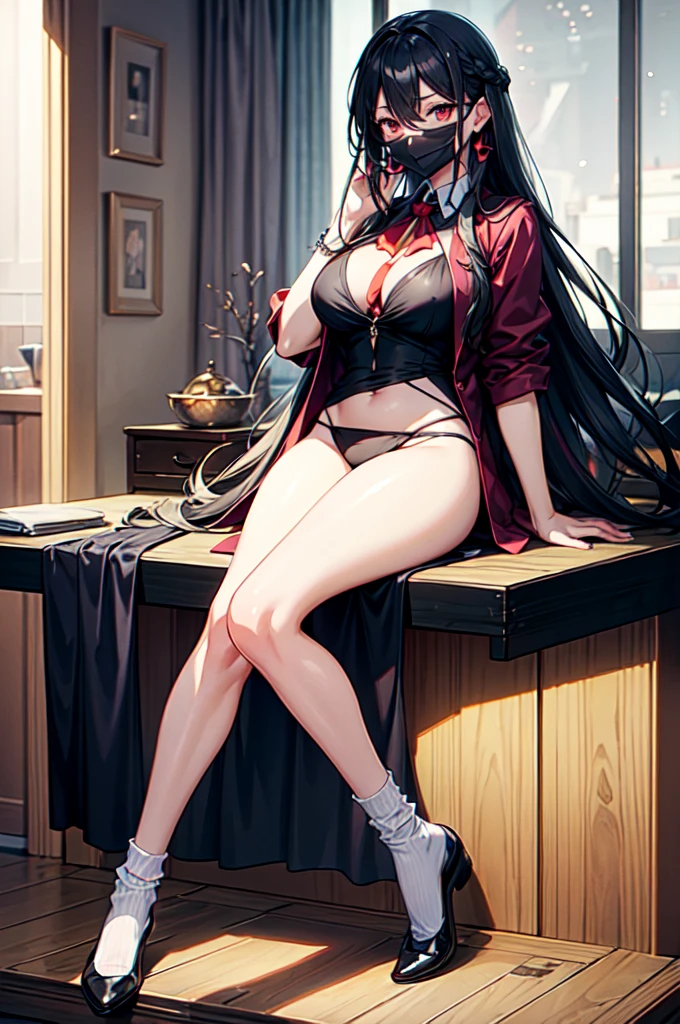 detailed, anime, smooth anime CG art, masterpiece, high quality, highres, best quality, highres, 1girl, disheveled hair, focus on face, simple background, long hair, socks, black hair, hair between eyes, calm, dress shirt, long bangs, tied hair, braided hair, dominant eyes, ribbons in hair, crimson red eyes, large breasts, breasts, perfect face, perfect legs, no pants, full lips, SimpleNegativeV3 , add_detail:-3