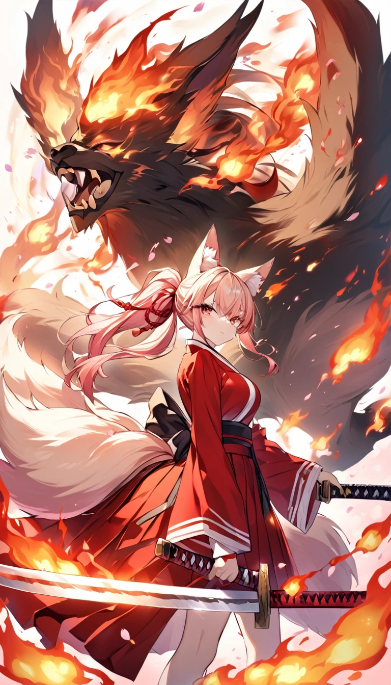 Red long ponytail、Fox ears and nine fox tails of the same color as her hair、A sword with a burning blade、A man wearing a red jacket and hakama、Very large bust、Cherry blossoms and flames scatter、The right eye is a Yin Yang symbol.