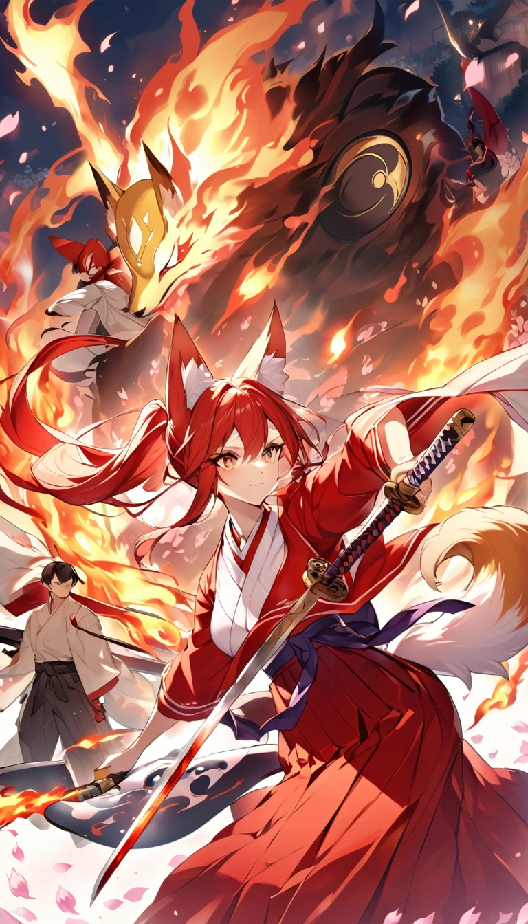 Red long ponytail、Fox ears and nine fox tails of the same color as her hair、A sword with a burning blade、A man wearing a red jacket and hakama、Very large bust、Cherry blossoms and flames scatter、The right eye is a Yin Yang symbol.