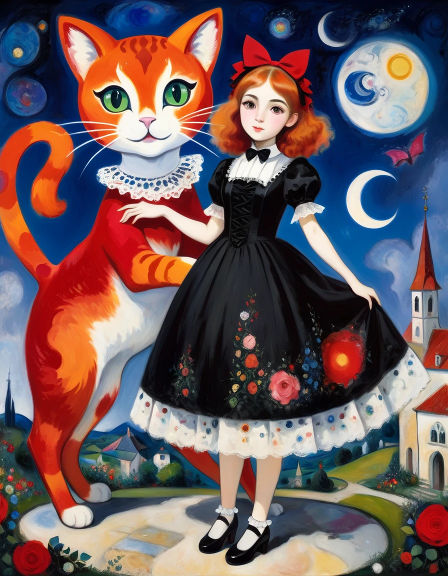(Girl and giant red cat) Baroque, Gothic lolita, cute, 1 girl, solo, full body, black dress, absurdity, white lace, ((Marc Chagall style)), magical naive art, primitivism, protogen,((Better quality, masterpiece)),
(Higher detail), Impressionism: 1.1, 8k
