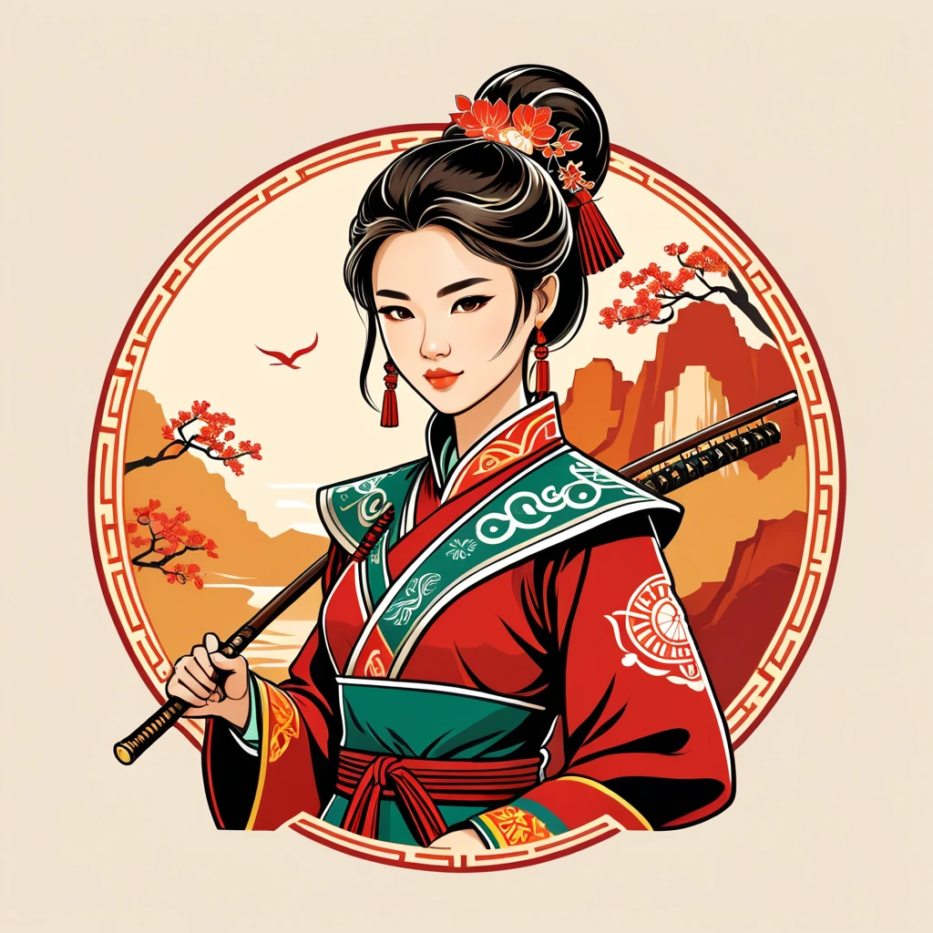 female ranger in chinese folk outfit, vector graphics, strong contours, logo design