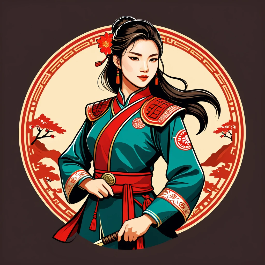 female ranger in chinese folk outfit, vector graphics, strong contours, logo design