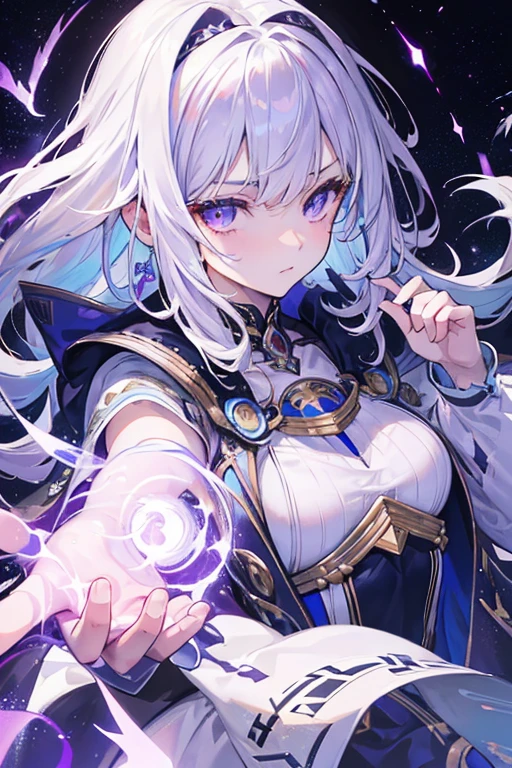 1 teenage girl with white hair and purple eyes, cosmic energy flowing from her right palm with constellations, ethereal, highly detailed portrait, intricate details, chiaroscuro lighting, dramatic lighting, cinematic, award winning digital art, photorealistic, 8k, HDR, ultra-detailed, masterpiece, vibrant colors, glowing effects, fantasy, mystical, magical