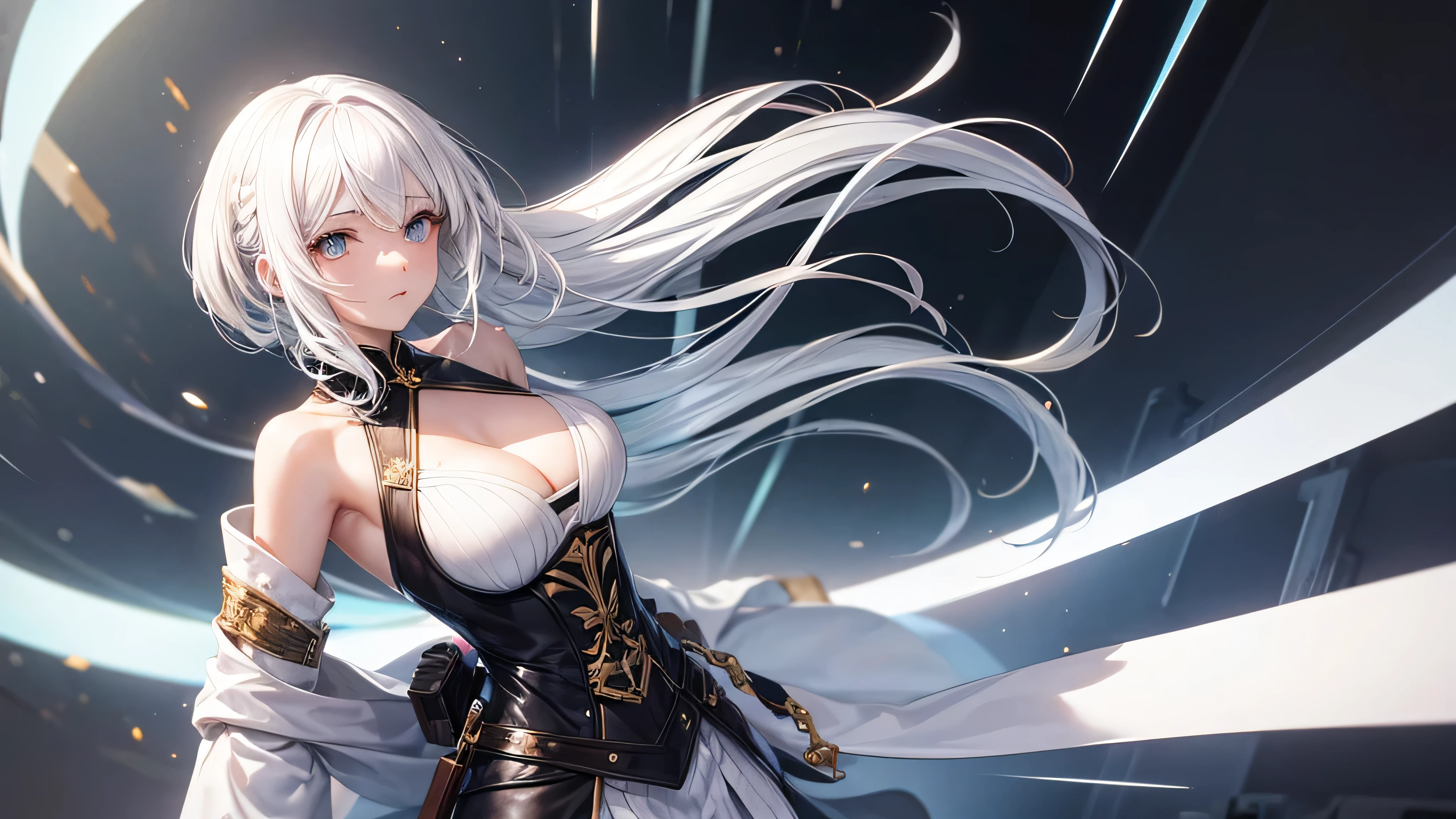 Create a character with white hair, smooth, falling to her waist