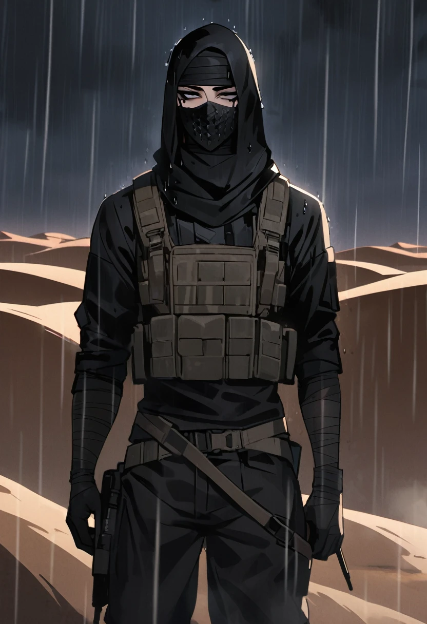 Male arab modern terrorist, terrorist, black balaclava, black bandage, black clothes, thin waist, femboy, light skin, makeup, black eyeliner, big eyelashes, black eyeshadow, choker, desert, night, rain