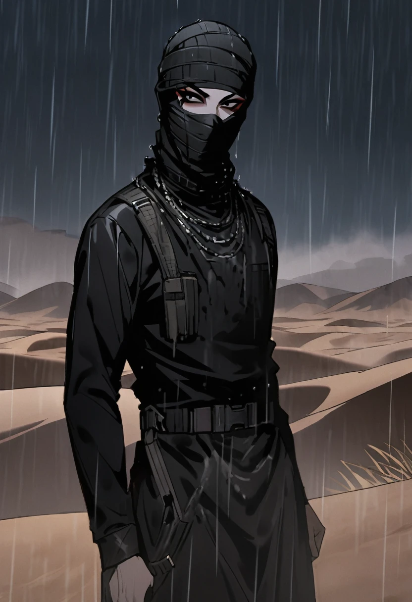 Male arab modern terrorist, terrorist, black balaclava, black bandage, black clothes, thin waist, femboy, light skin, makeup, black eyeliner, big eyelashes, black eyeshadow, choker, desert, night, rain
