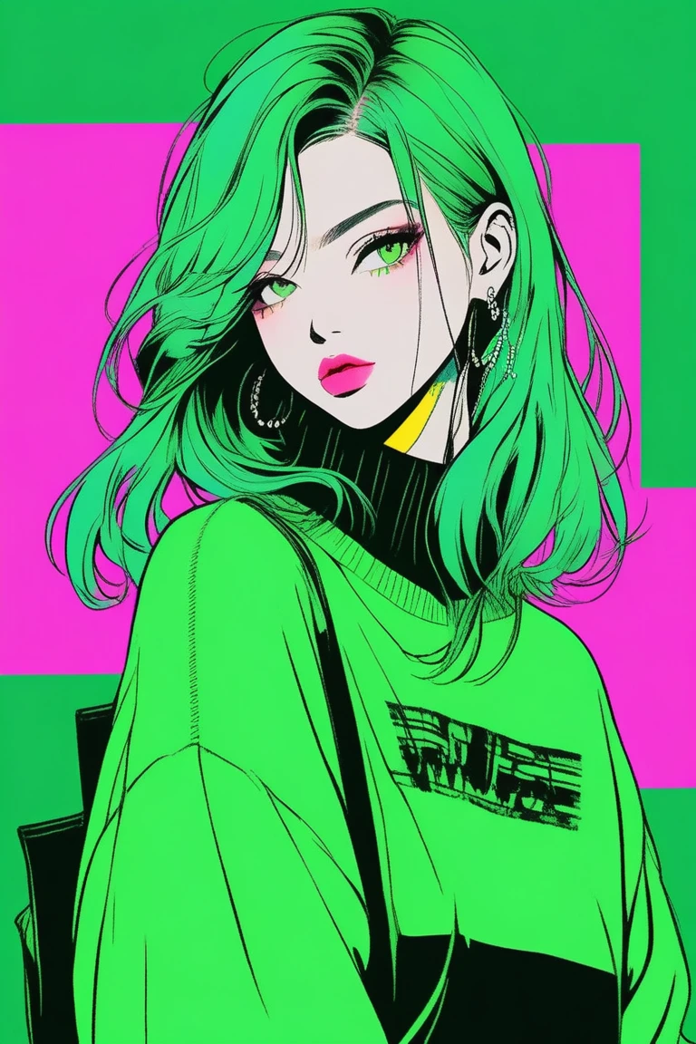 (best quality, sketch:1.2),realistic,illustrator,anime,1 girl, detailed lips, sweater, custom, green gradient background, neon hair, straight hair, textured cropping, masterpiece, style retro classic, noir dark