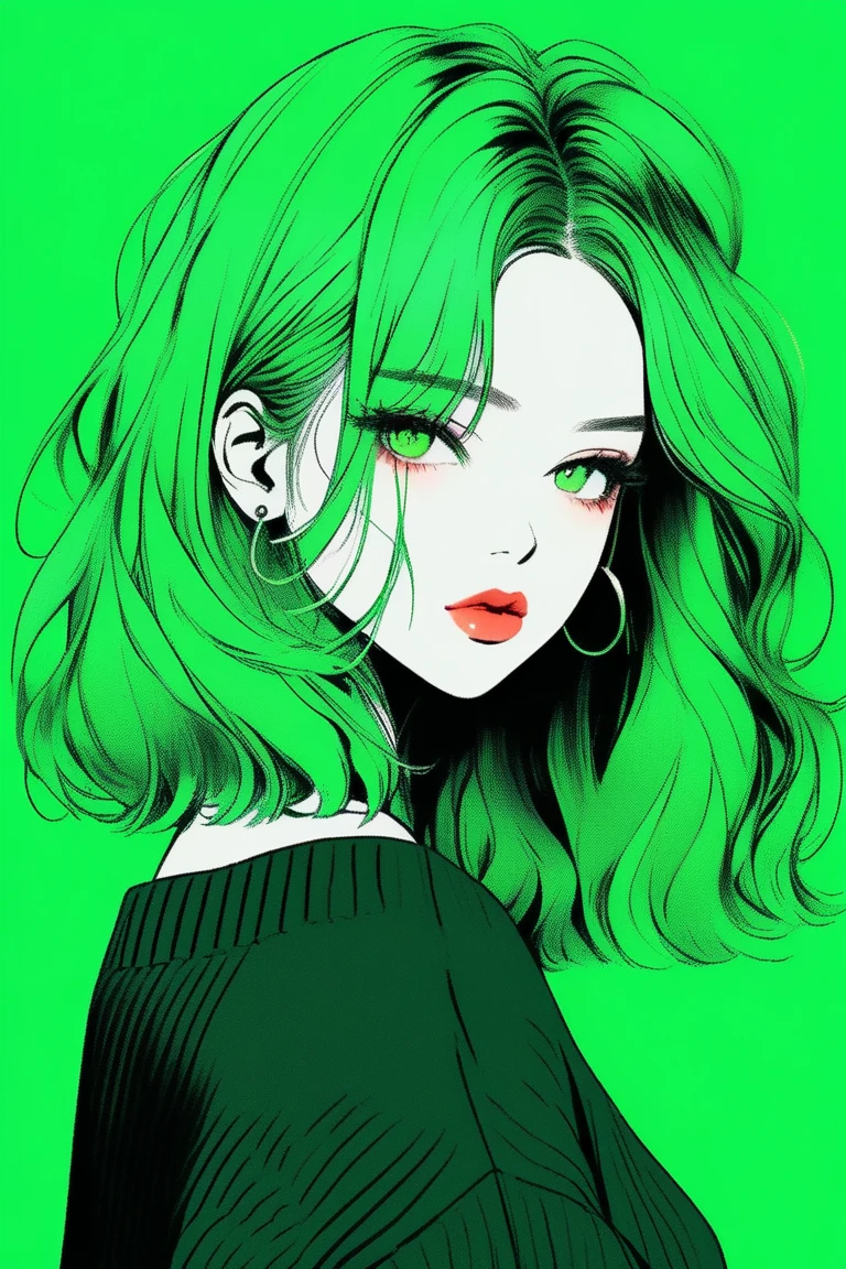 (best quality, sketch:1.2),realistic,illustrator,anime,1 girl, detailed lips, sweater, custom, green gradient background, neon hair, straight hair, textured cropping, masterpiece, style retro classic, noir dark