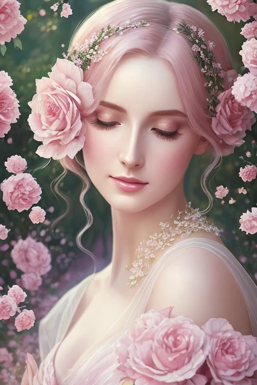 In a stunning blend of pale skin and soft blush, an ethereal Lady comes to life with her rosy ethereal body crafted using the finest strokes of an aquarelle pallette. The Lady's blushes are perfectly matched, and she seems to radiate a radiant glow over her face, which shimmers with the shimmering light. The background is a lush garden, filled with vibrant greenery, and the scene is bathed in a soft, ethereal glow. The scene is reimagined in a striking style, as if the Lady just lost herself in the serenity and energy of the moment.