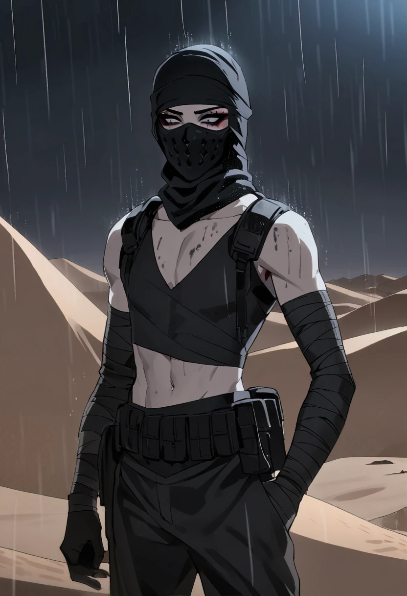 Male arab modern terrorist, terrorist, black balaclava, black bandage, black clothes, thin waist, femboy, light skin, makeup, black eyeliner, big eyelashes, black eyeshadow, choker, desert, night, rain