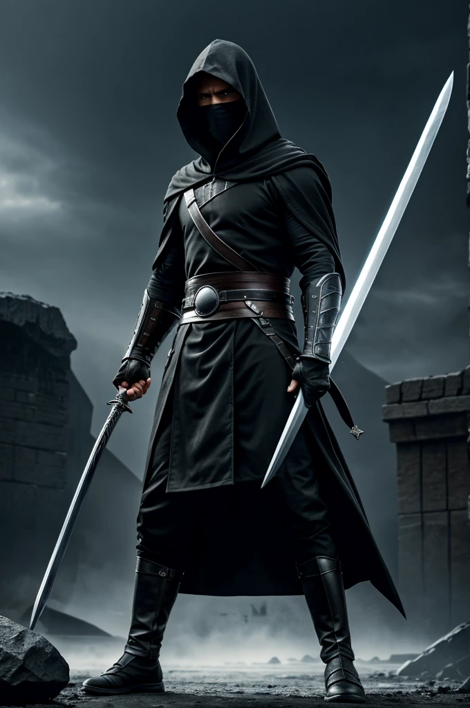 4k image Warrior with hood on head black clothes and black sword epic war background