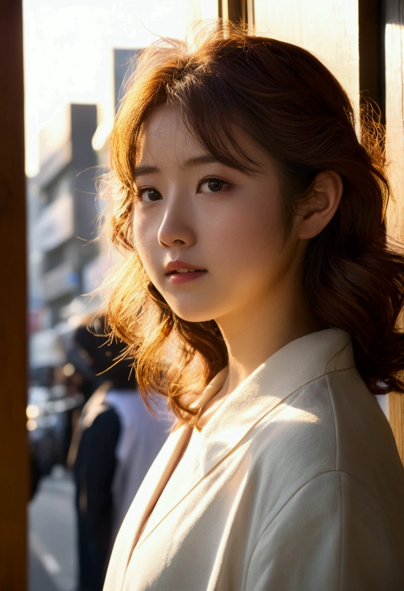 (8k, Highest quality, masterpiece: 1.4), Very detailedな, Highest quality, Ultra-high resolution, Written boundary depth,(Realistic:1.4,RAW shooting,)Ultra-Realistic Capture,(Very detailed,High definition 16K), cute, girl, Brown Hair, (city:1.4), (wood々Sunlight shining through:1.4), (Tokyo Street:1.4), Japanese, 16-year-old girl, Mr..々Pause, Wavy Hair, (face,front), indoor, Sunlight streaming through the window