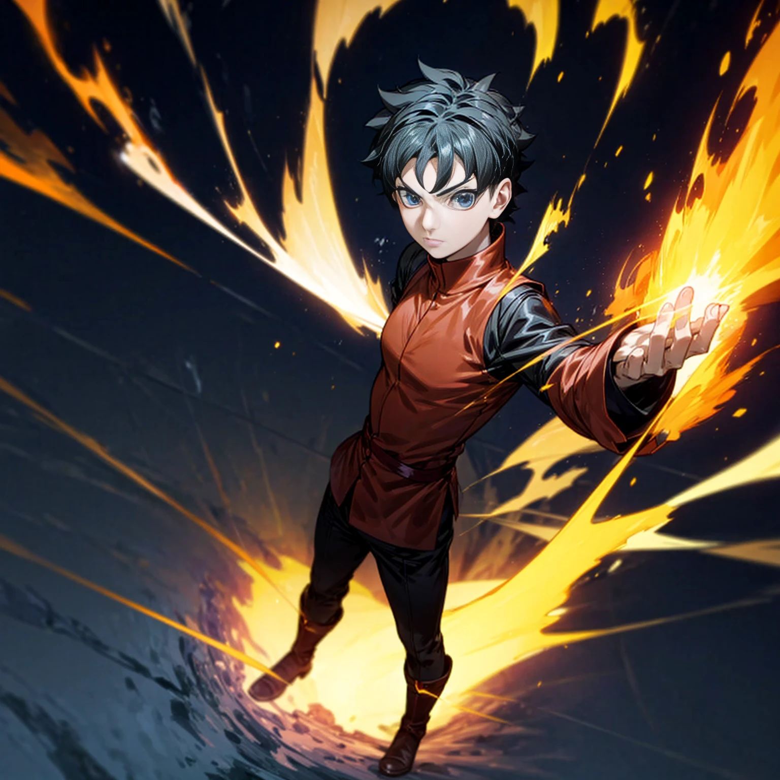 1boy, Full body version, 1character, blue eyes, short haircut, black color hair, soldier style outfit, ban captain, boots, Grassroots, full background in fire tornado, motion blur, (Hunter x Hunter style art), standing gesture, big fire on hand, lighting fire in hand, smoke effect, aura effect, hologram, plasma effect, blood on hand, lighting effect, high angle view 