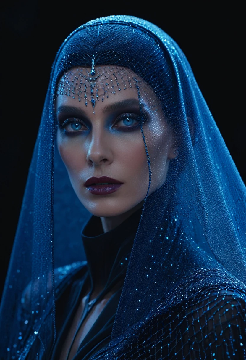 Fashionable portrait of androgynous alien looking witch wearing veil, glowing eyes, futuristic design, minimal details, givenchy, photoreal, 200mm, hd, f/ 2.0, highly detailed, surreal , drop dead, in the style of red and blue, (intricate details, hyperdetailed:1.15) (skin texture:1.2), cinematic, professional, 4k,