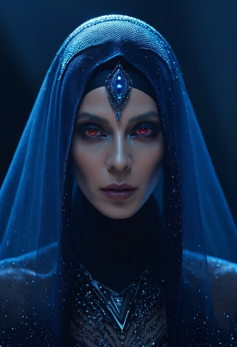 Fashionable portrait of androgynous alien looking witch wearing veil, glowing eyes, futuristic design, minimal details, givenchy, photoreal, 200mm, hd, f/ 2.0, highly detailed, surreal , drop dead, in the style of red and blue, (intricate details, hyperdetailed:1.15) (skin texture:1.2), cinematic, professional, 4k,