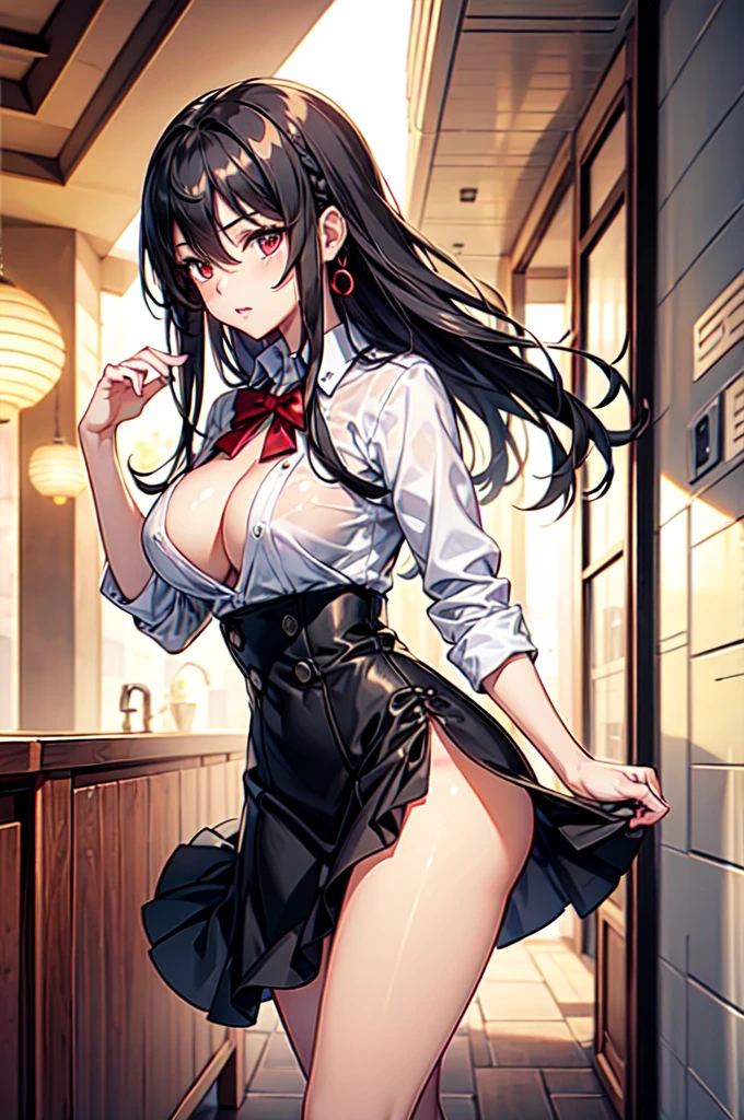 anime, smooth anime CG art, masterpiece, high quality, highres, best quality, highres, 1girl, disheveled hair, focus on face, simple background, long hair, socks, black hair, hair between eyes, calm, dress shirt, long bangs, tied hair, braided hair, dominant eyes, ribbons in hair, crimson red eyes, large breasts, breasts, perfect face, perfect legs, no pants, full lips, add_detail:-3