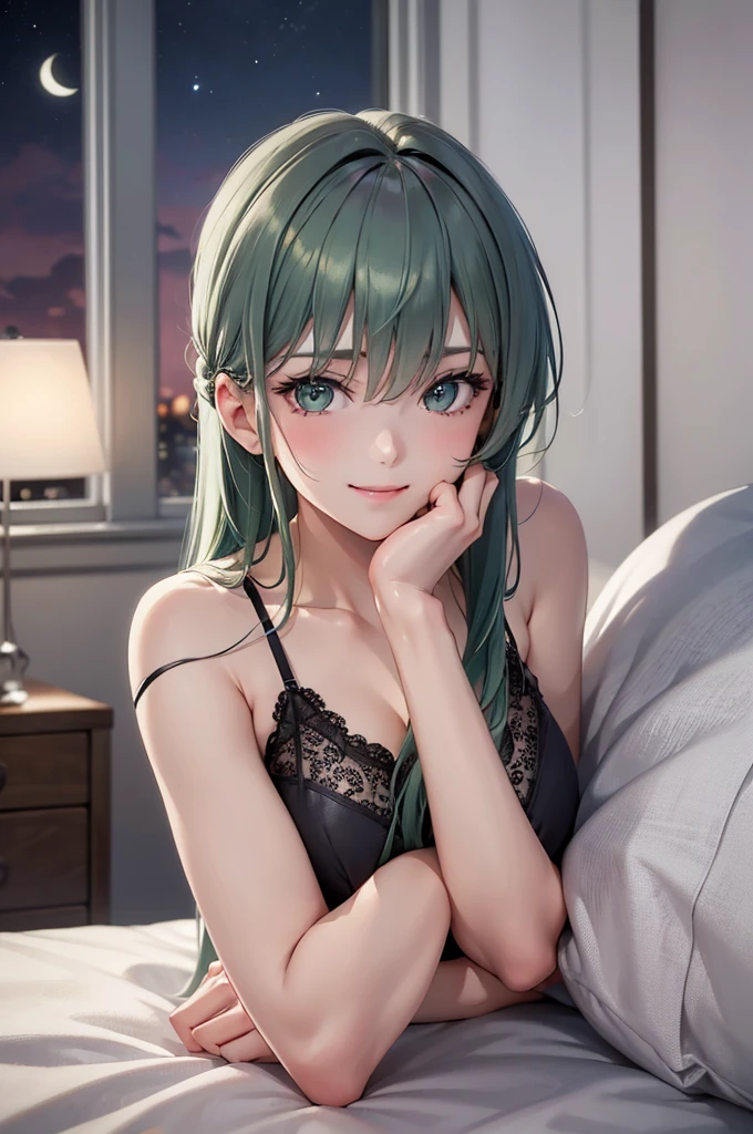 (Best Quality,High resolution,8K,finelity detailed background,Masterpiece:1.2),beautiful girl,Shiny green hair,messy hair,Green Eyes,Gentle look,Smile refreshingly,Best quality,Best Quality,Aesthetic and aesthetic:1.2,Best details((Super detailed))(High-definition CG illustrations),Glamorous grey underwear (gray,intricate lace),Slender body,night,night景,moon,Bedroom,On the bed,smile,blush,cute,Scrounge,Looking up,Being spoiled,super model,wariza,shoot from below