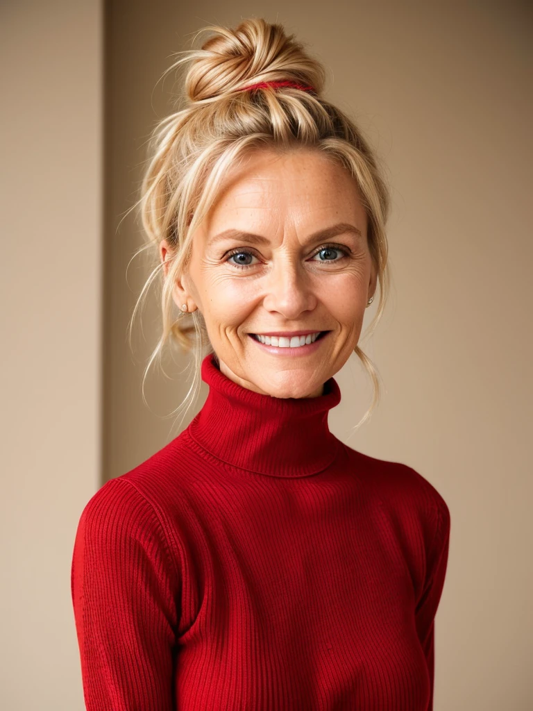 photo of a skinny very old wrinkly-faced faced mature blonde messy long hair thrown into a messy bun ponytail. She wears: (turtleneck soft high ribbed bright red super tight sweater:1.1), submissive seductive pose, high tight ribbed neck, seductive smile, perfect fake tits, horny eager granny, teasing sexy old lady