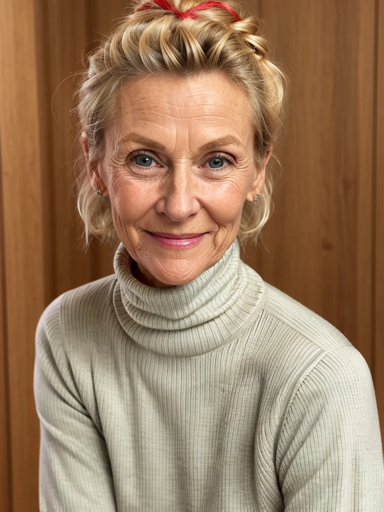 photo of a skinny very old wrinkly-faced faced mature blonde messy long hair thrown into a messy bun ponytail. She wears: (turtleneck soft high ribbed bright red super tight sweater:1.1), submissive seductive pose, high tight ribbed neck, seductive smile, perfect fake tits, horny eager granny, teasing sexy old lady