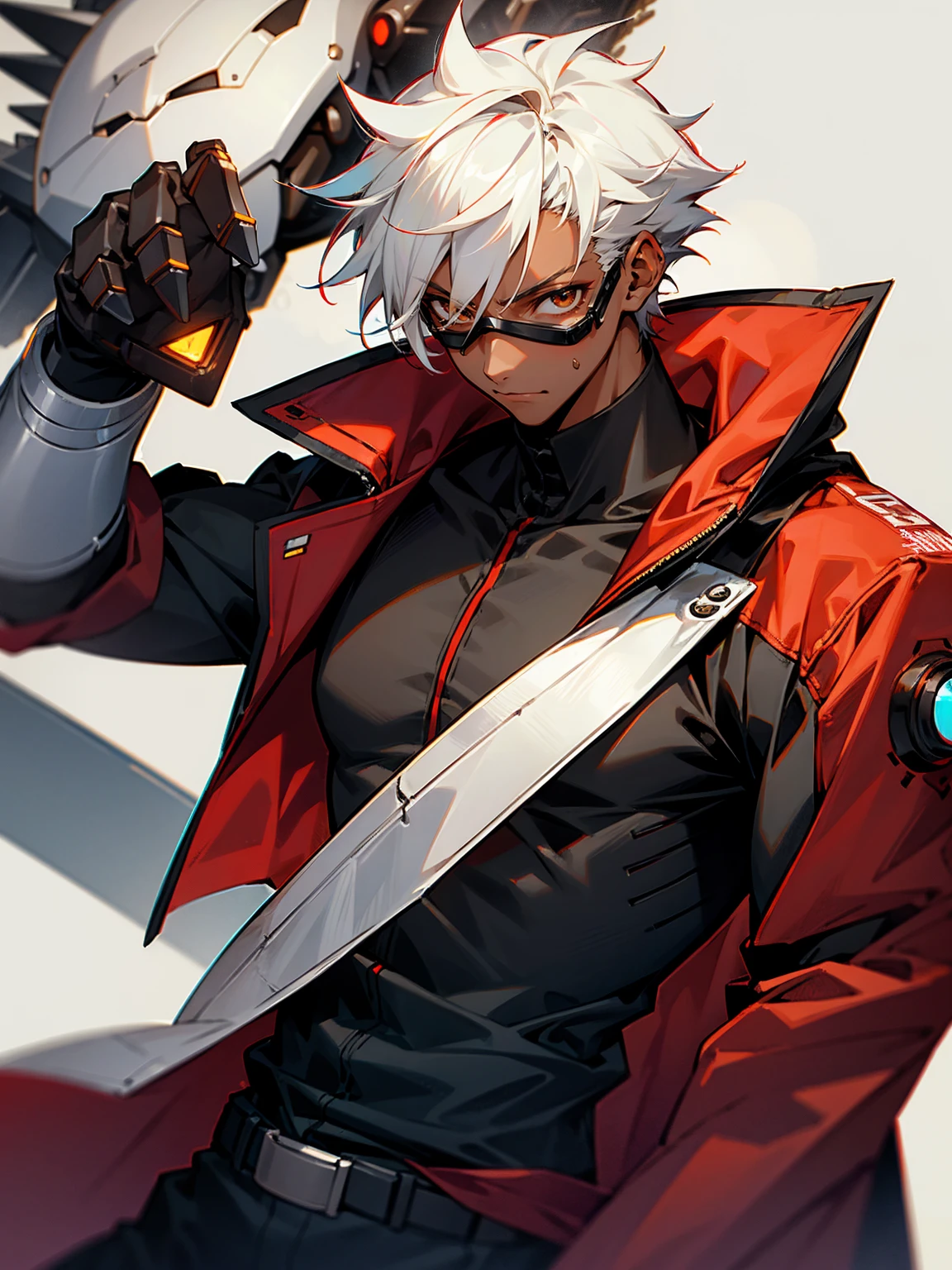 1male, darkskin, white hair, spiky hair, brown eyes, goggles, black shirt, red jacket, confident, robot arm