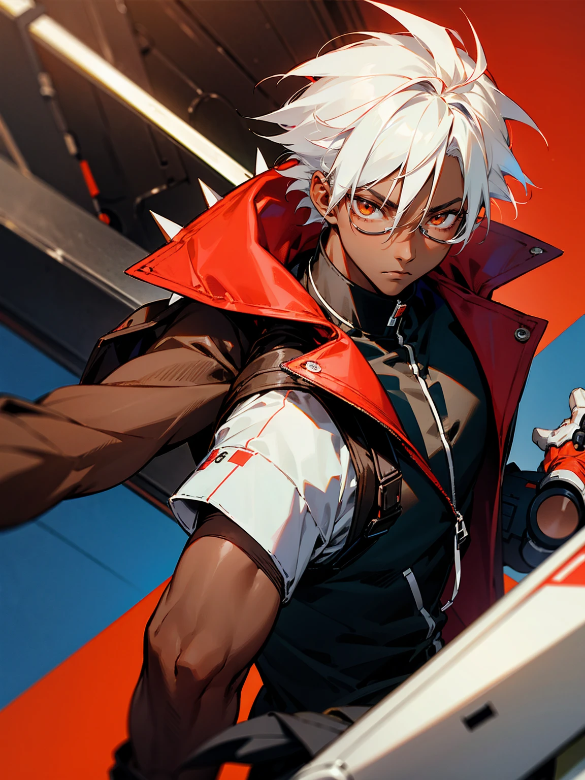 1male, darkskin, white hair, spiky hair, brown eyes, goggles, black shirt, red jacket, confident, robot arm