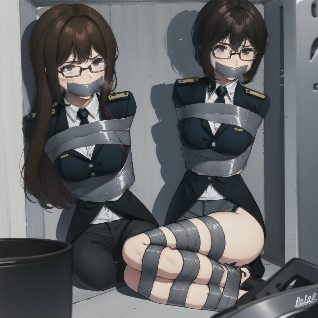 girl with brown hair and glasses, police uniform, breasts, tied up, bondage, duct tape, arms and legs