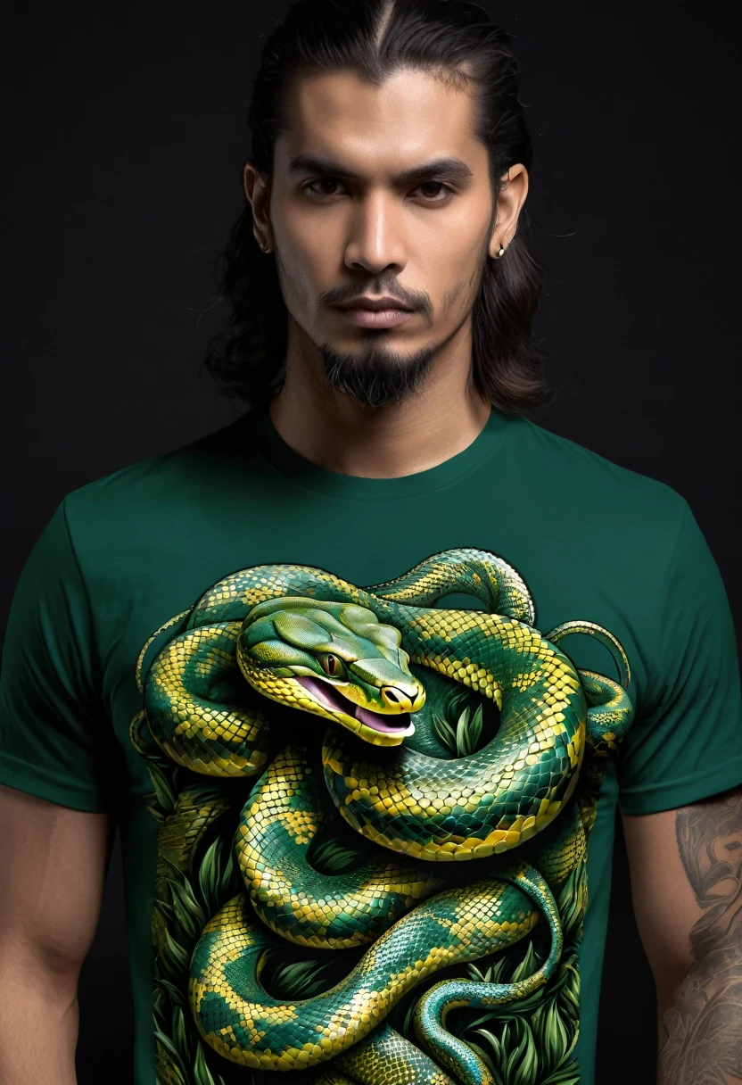 T-shirt design, Create a menacing with a full-length python motif inspired by the aesthetics of heavy metal music. The artwork features an elegant style, python dourado e verde claro enrolado sinuosamente, its scales shining in the dim light. python'The mouth is wide open, revealing rows of sharp teeth dripping with blood, exuding a raw feeling, primitive aggression, clear sky and bright sun in the background, improving the sinister atmosphere of the design. python'the eyes shine with a malevolent shine, capturing the essence of danger and violence. The overall style is bold and intense, embodying the dark and edgy spirit of heavy metal music.