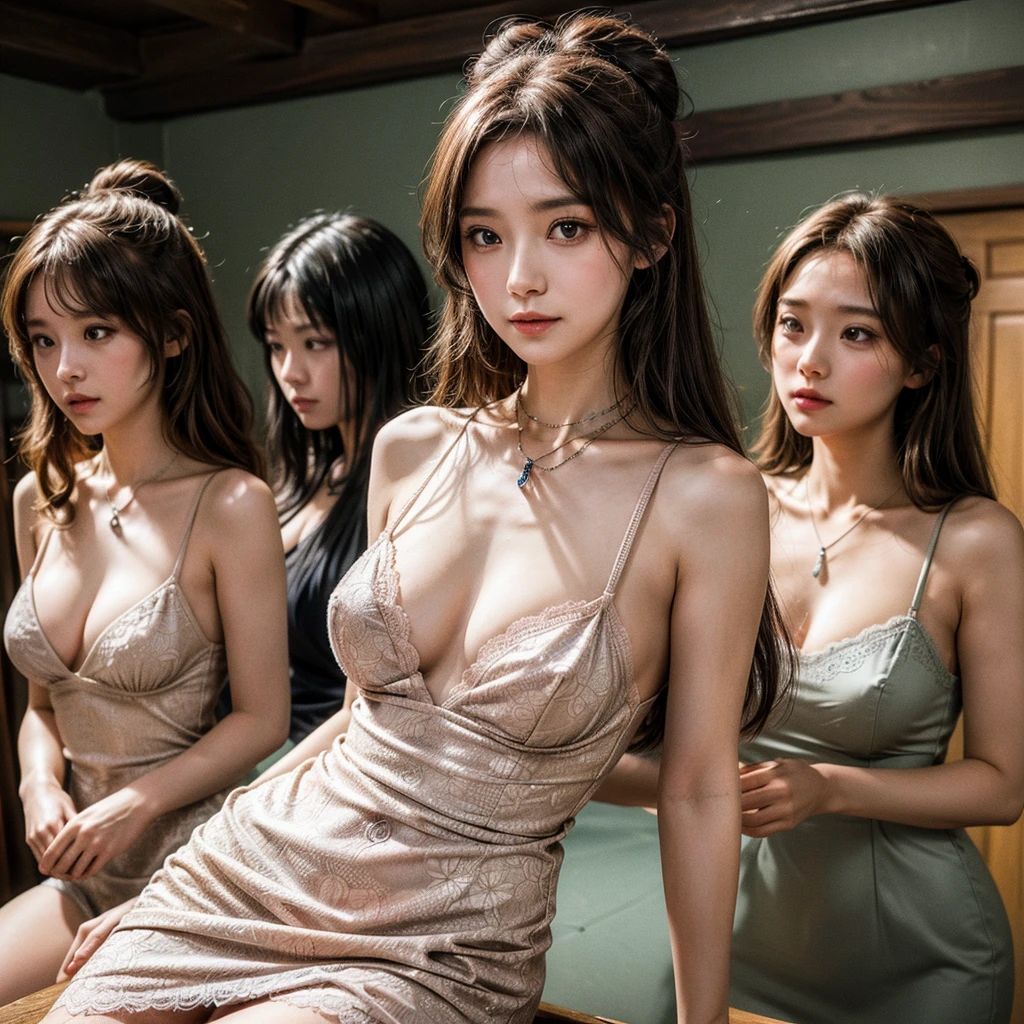 (Masterpiece:1.3), (8k, RAW Photos, Highest quality: 1.4), Beautiful Face, Beautiful hairstyle, Beautiful attention to detail, Beautiful Skin, Ultra-high resolution, Very detailed,Browsing Caution, Three girls trapped in an abandoned dungeon, Large Breasts,Face close-up,necklace,Put your arms behind your back,Wicked Smile,knife,bright long-haired, Very detailed肌,Heavy makeup, Flower Hairpin, naked,Colorful patterned lace dress,Half Body,black,