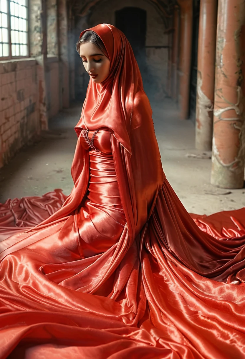 a sexy a woman covered in large red satin cloth, tied tightly with the satin cloth, mummified, the satin hanging down very long, a mermaid style dress, wearing a satin hijab, the satin cloth is very long, forming the curve of the body, flowy satin about 4 meter,full body,masterpice, 4k resolution, ultra-realistic, highly detail.