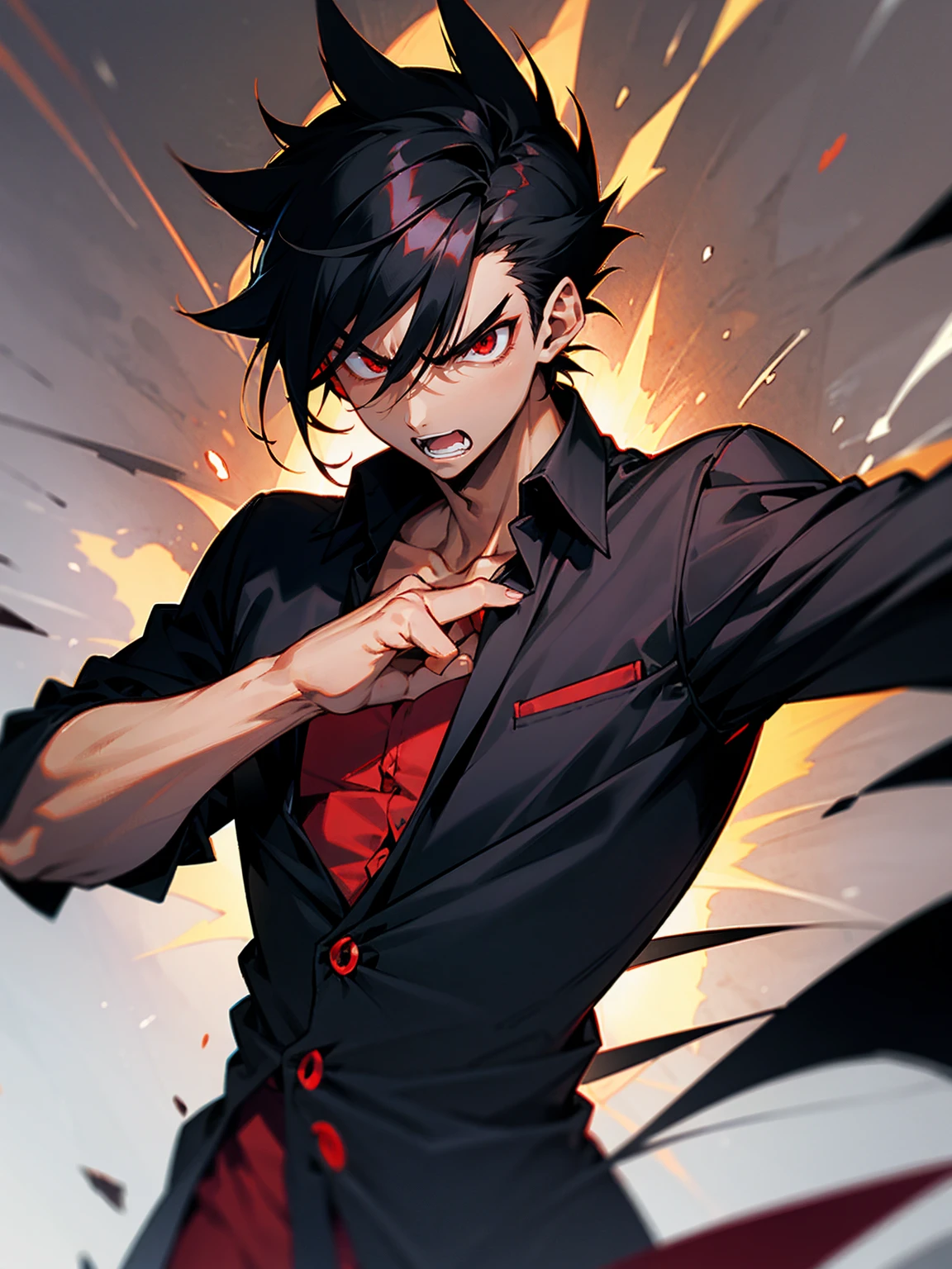 1male, tanned skin, black hair, spiky hair, red eyes, black button up shirt, angry