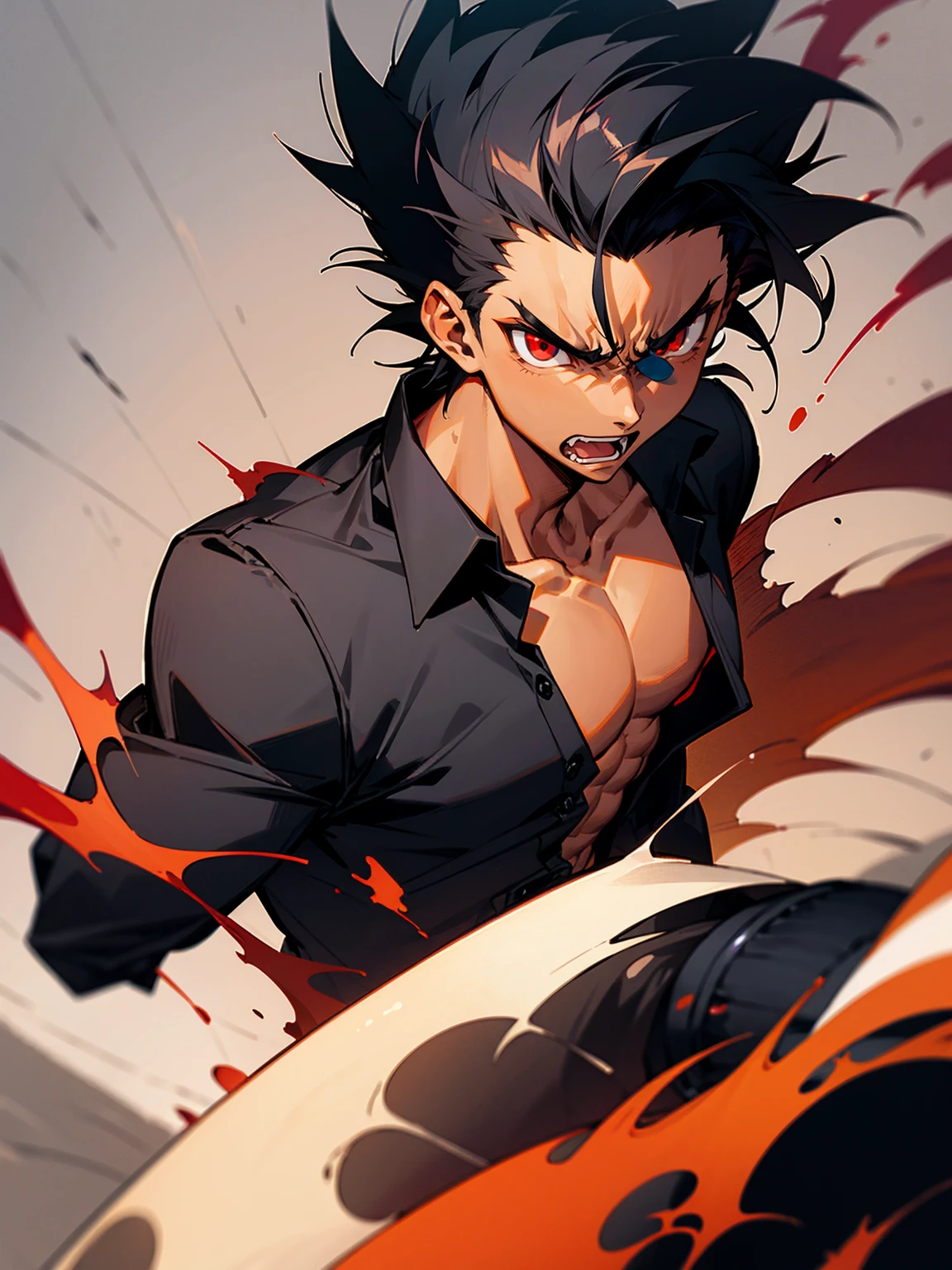 1male, tanned skin, black hair, spiky hair, red eyes, black button up shirt, angry