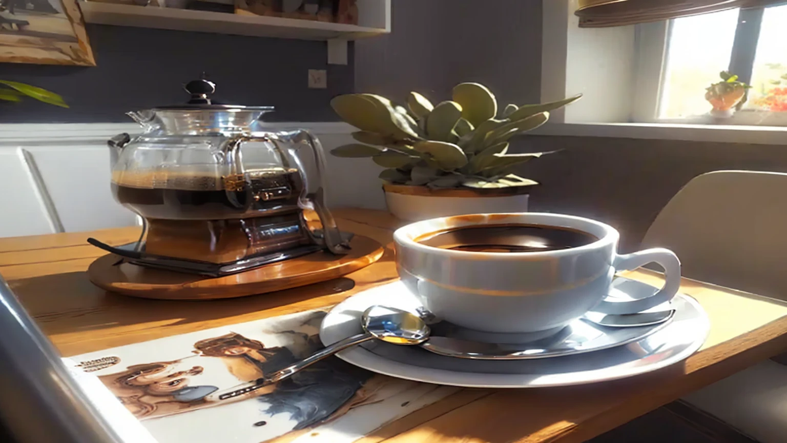 there is a cup of coffee on a saucer on a table, cozy cafe background, morning coffee, A coffee, coffee mug, Amazing wallpapers, kawa, high detailed official artwork, portrait of morning coffee, highly detailed scenario, photorealistic illustration, arte de fundo, Relaxing concept art,