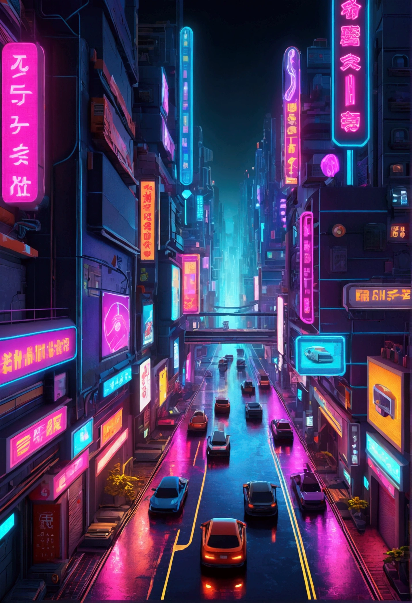 a futuristic cyberpunk city street scene, top-down perspective, 2D pixel art style, highly detailed, vivid and powerful colors, neon advertising lights, dynamic roads with cars, unique and charming atmosphere