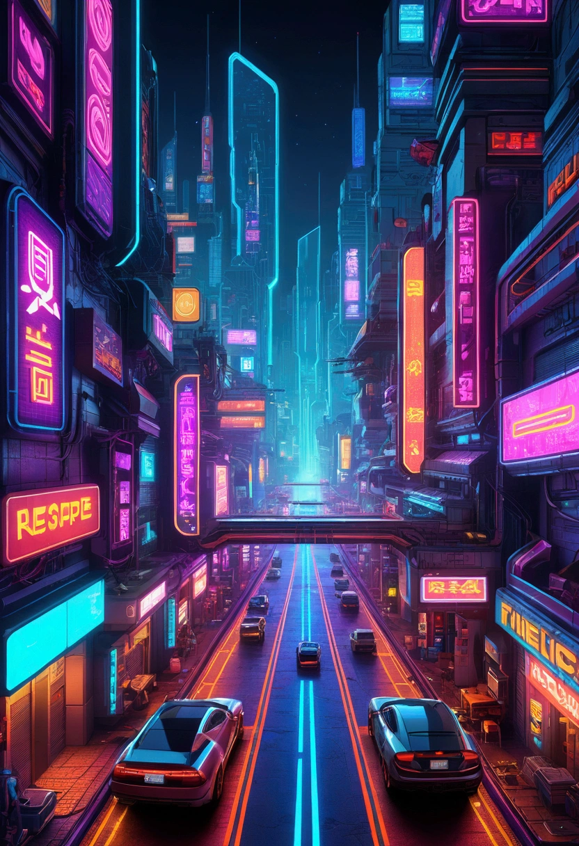 a futuristic cyberpunk city street scene, top-down perspective, 2D pixel art style, highly detailed, vivid and powerful colors, neon advertising lights, dynamic roads with cars, unique and charming atmosphere