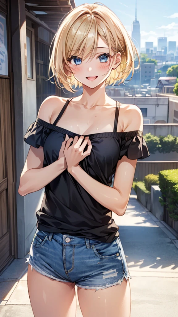 (masterpiece:1.3, Highest quality, Ultra-high resolution, Super detailed), (Realistic:1.1, photoRealistic:1.4), Beautiful illustrations, Perfect lighting, colorful, Depth of written boundary,
Beautiful detailed hair, Beautifully detailed face, Beautiful attention to detail, Beautiful clavicle, Beautiful body, Beautiful breasts, Beautiful thighs, Beautiful feet, Beautiful fingers,
View your viewers, 1 girl, Japanese, high school girl, Perfect Face, (Perfect Anatomy, Anatomically correct), Cute and symmetrical face, Baby Face, Sunburn, Glowing Skin,
(short hair:1.5, Bobcut:1.2, Ash Blonde Hair), Hair between the eyes, blue eyes, Long eyelashes, (Medium chest), thin,
(Short-sleeved off-shoulder yellow-green sweater, Black tank top, Denim shorts rolled up),
(Beautiful views), evening, (Outdoor, distant cityscape), Are standing, Cute pose, (Cute smile, Upward glance, Open your mouth), ;d