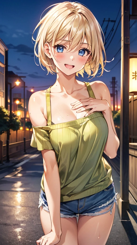 (masterpiece:1.3, Highest quality, Ultra-high resolution, Super detailed), (Realistic:1.1, photoRealistic:1.4), Beautiful illustrations, Perfect lighting, colorful, Depth of written boundary,
Beautiful detailed hair, Beautifully detailed face, Beautiful attention to detail, Beautiful clavicle, Beautiful body, Beautiful breasts, Beautiful thighs, Beautiful feet, Beautiful fingers,
View your viewers, 1 girl, Japanese, high school girl, Perfect Face, (Perfect Anatomy, Anatomically correct), Cute and symmetrical face, Baby Face, Sunburn, Glowing Skin,
(short hair:1.5, Bobcut:1.2, Ash Blonde Hair), Hair between the eyes, blue eyes, Long eyelashes, (Medium chest), thin,
(Short-sleeved off-shoulder yellow-green sweater, Black tank top, Denim shorts rolled up),
(Beautiful views), evening, (Outdoor, distant cityscape), Are standing, Cute pose, (Cute smile, Upward glance, Open your mouth), ;d