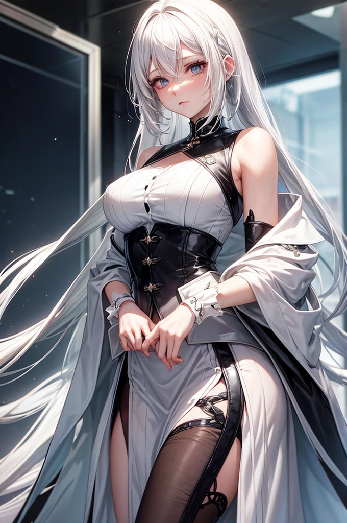 Create a character with white hair, smooth, falling to her waist