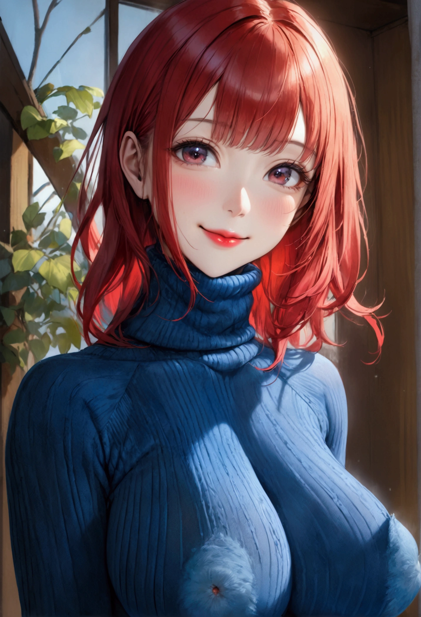 ((A aroused fertile feminine Chizuru Mizuhara woman with perfect voluptuous meaty-brawny-Carneous-fleshy-beefy toned body figure, extreme firm firm firm accurately rounded 34DDD sized erected silicon breasts, covered erected nipples, erotic expressions on face, red lips, and straight red hair)), ((wearing an unwrinkled smooth extreme skintight turtleneck velour blue thick sweater with a belt and an extreme super skintight plush sumptuously velour luxuriously soft ribbed Winter Warm Thermal velvet Fleece Lined Women Leggings)), ((**standing and smiling, facing viewer, high quality, detailed face portrait, photorealistic, 8k, masterpiece vivid colors, warm lighting, intricate details, hentai, waifu, show full body view**))((low angle shot captured by IMAX camera))