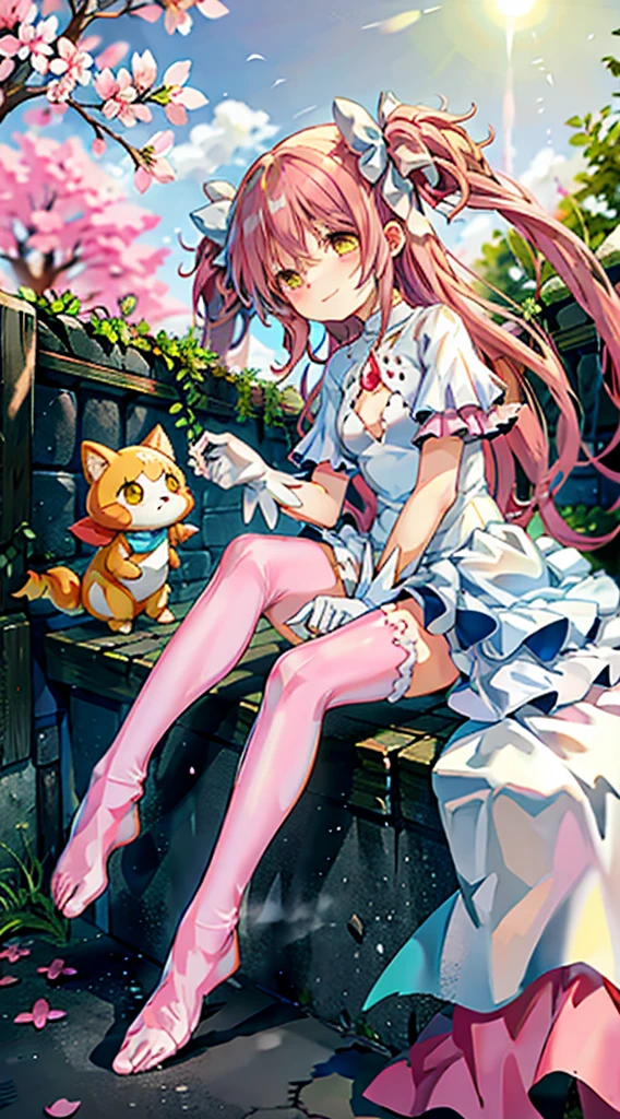 Pink hair，madoka，street，Smile，Foot washing，leotard